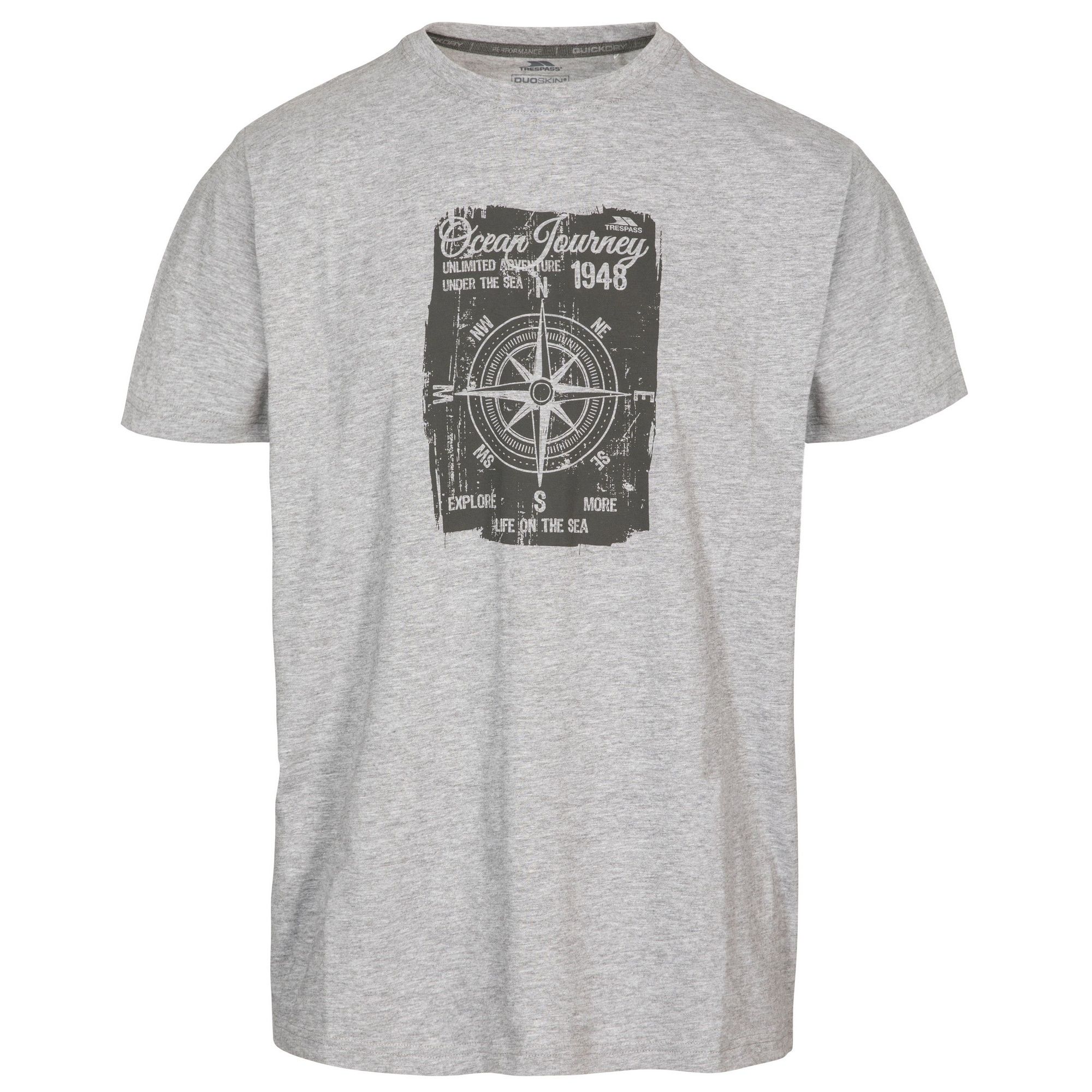 Mens short sleeve t-shirt with graphic print on chest. Round neck. quick dry. Materials: 60% cotton/ 40% polyester.