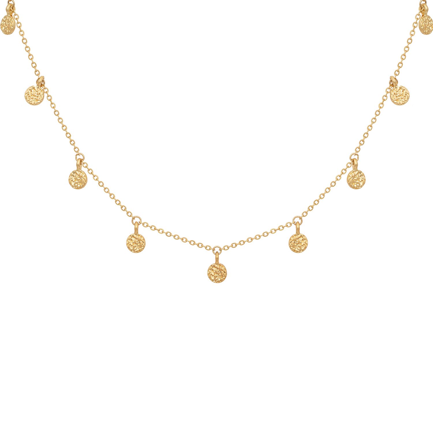 If you love your boho jewellery, this one's for you. It features a dainty gold choker with miniature coins that dance across your neck! The gold plated necklace features hammered gold detailing and looks amazing layered with another longer necklace with a low neckline outfit, or over the top of a jumper during the day! It measures 15 inches and comes with a lobster clasp fastening and 3 inch extender. The Boho choker necklace is designed by Kate Thornton as a classic piece that you can wear with so many looks!