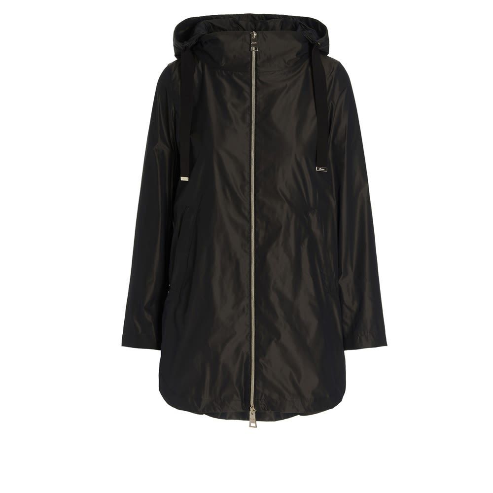 Tech fabric jacket featuring a removable hood with a drawstring, an asymmetric hem, long sleeves and a full zip closure.