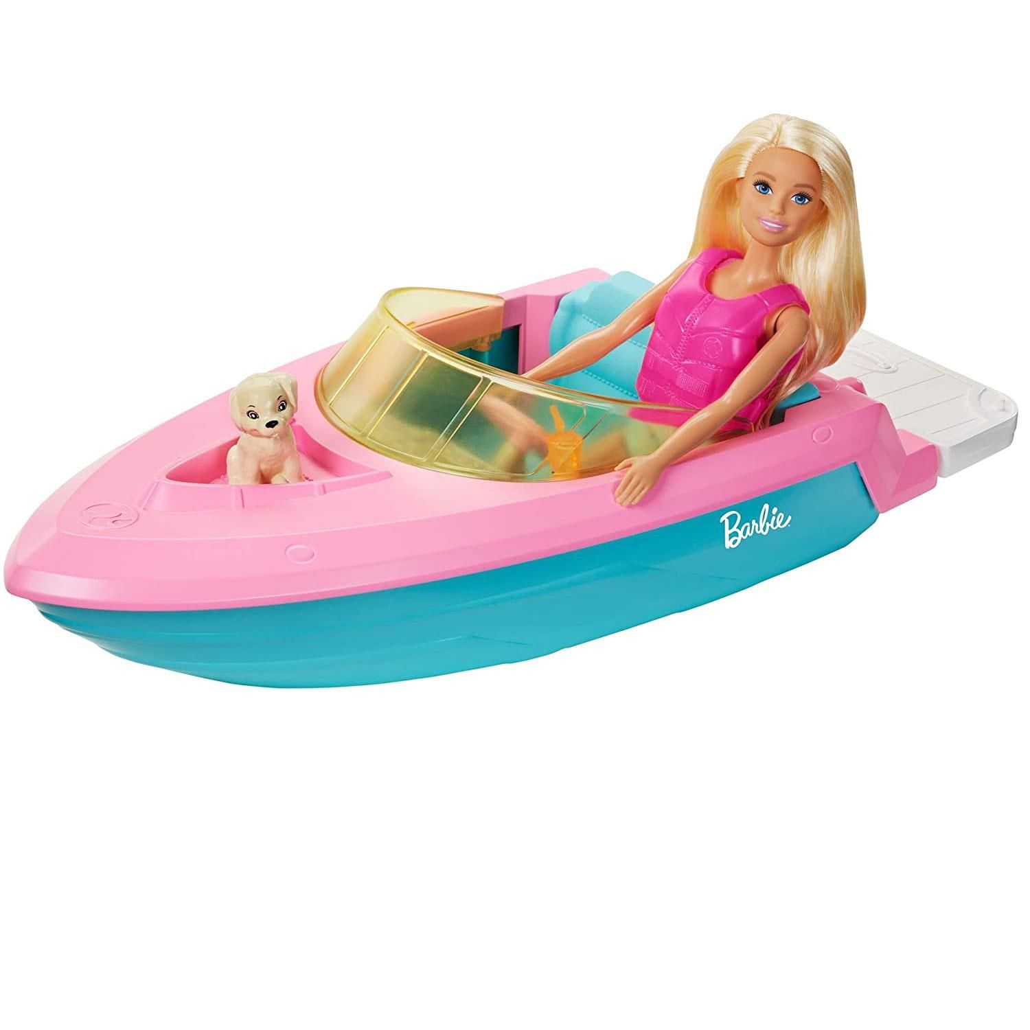 Barbie Boat with Puppy and Accessories, Great Toy Set For Children

Imaginations can take their stories from land to sea with a Barbie boat that really floats! With cool features, a colourful design and room for three dolls (sold separately), kids can load the speed boat up and take their Barbie dolls on all kinds of adventures. Slip a doll into the hot pink life vest and ride through the wake, then park the boat to lounge on the stern with plug-and-play cupholders and beverage accessories. Barbie doll's pet puppy is along for the ride, too -- there's even a special seat on the bow, just for him! A colourful pink and blue design is just a Barbie doll's style, and a translucent yellow weather shield adds another pop of colour. Whether young adventurers take this Barbie boat out on the water or imagine their own ocean of fun, the playtime possibilities are endless because you can be anything with Barbie! Kids can collect more Barbie dolls and accessories to pack the boat full of fun. Each is sold separately, subject to availability. Colours and decorations may vary.

Features:

Inspire travel adventures with a Barbie boat that really floats!
With cool features, a colourful design and room for 3 dolls (sold separately), this pink and blue speedboat spark endless sea-inspired stories.
Barbie doll's pet puppy is along for the ride -- there's even a special seat on the bow, just for him!
Park the boat to lounge on the stern with plug-and-play cupholders and beverage accessories!
Whether young adventurers take this Barbie boat out on the water or imagine their own ocean of fun, the playtime possibilities are endless because you can be anything with Barbie!

Specifications: 

Toy Form: Barbie Boat 
Age Range: 3 Years & Above
Material: Abs Plastic
Colour: Blue & Black

Package Includes: Barbie Boat with Puppy and Accessories