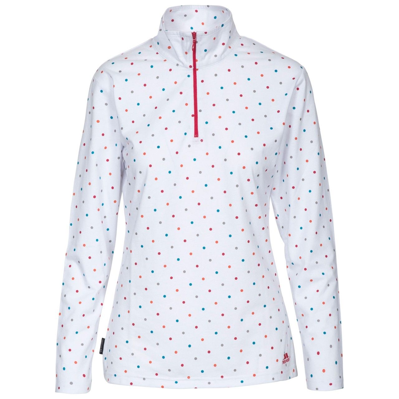 Zip Neck. Long Sleeve. All Over Print. Contrast Zip & Embroidery. Material: 60% Cotton 40% Polyester. Trespass Womens Chest Sizing (approx): XS/8 - 32in/81cm, S/10 - 34in/86cm, M/12 - 36in/91.4cm, L/14 - 38in/96.5cm, XL/16 - 40in/101.5cm, XXL/18 - 42in/106.5cm.