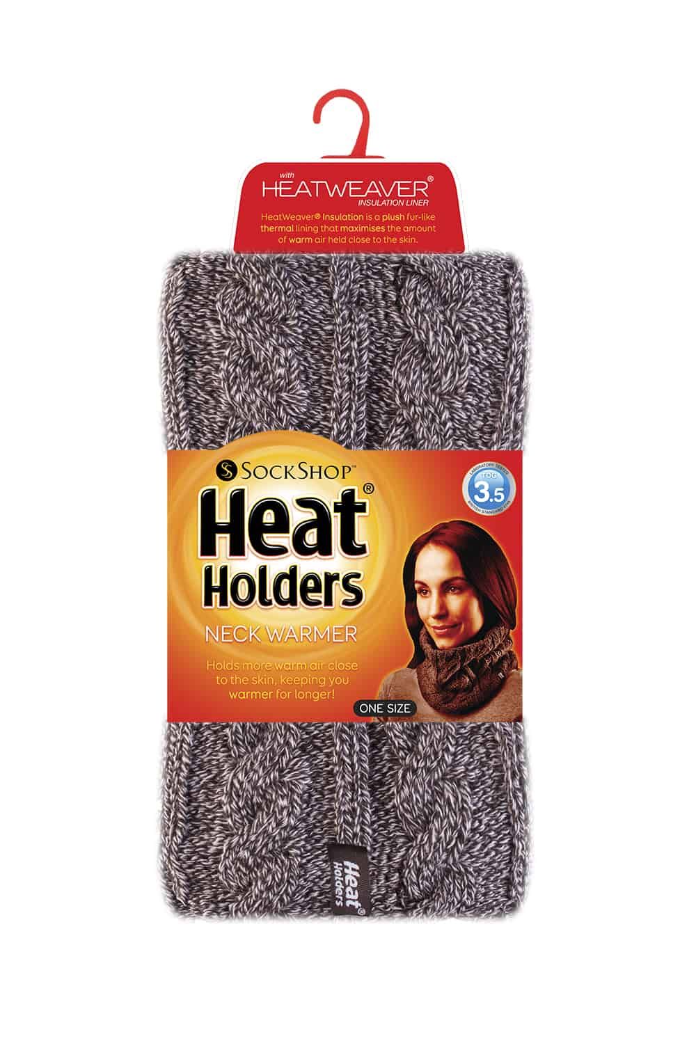 Heat Holders Neck Warmer  When it gets cold, your neck needs something to protect it from the wind and cold weather.Warmer than a regular scarf and less trouble too, this pretty cable knit Heat Holders neck warmer will keep your neck warm in the winter months.  With its delightfully soft, warm and silky fur-like lining, this neck warmer traps the warm air close to the skin and keeps the neck and surround area insulated from the cold.  The advanced, high performance Heat Holders insulating yarn helps protect against the cold and wicks away moisture to keep you dry and comfortable. The specially sculpted fit of this neck warmer drops low to contour around the chest, neck and chin for extra warmth and protection.  Extra Product Details  - Neck Warmer - Heat Holders - Heatweaver fleece lining - Insulating yarn - Sculpted to fit neck - Easier to wear than a scarf - 7 colours  - One size fits all - 3.5 Tog