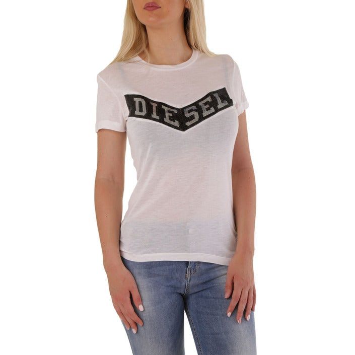 Brand: Diesel
Gender: Women
Type: T-shirts
Season: Spring/Summer

PRODUCT DETAIL
• Color: white
• Pattern: print
• Fastening: slip on
• Sleeves: short
• Neckline: round neck

COMPOSITION AND MATERIAL
• Composition: -100% viscose 
•  Washing: machine wash at 30°