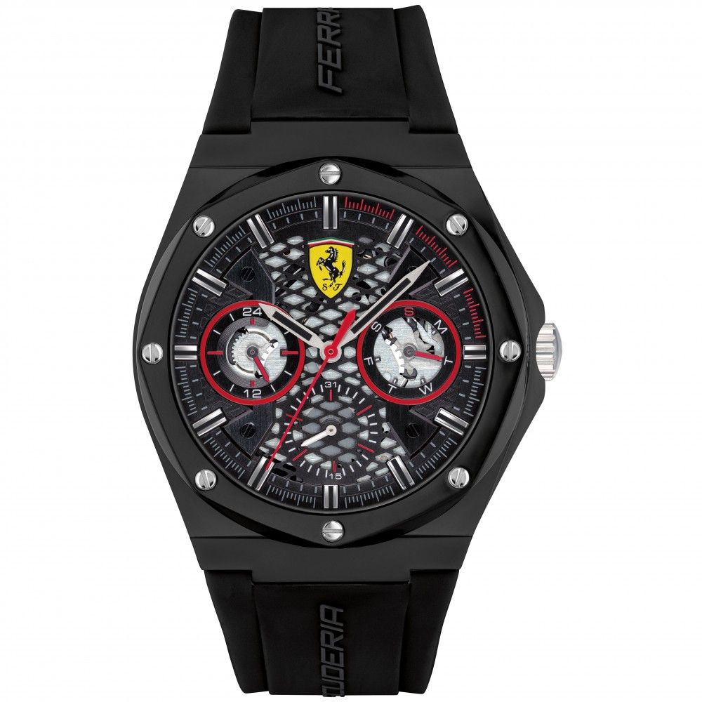 This Ferrari Aspire Multi Dial Watch for Men is the perfect timepiece to wear or to gift. It's Black 43 mm Round case combined with the comfortable Black Rubber watch band will ensure you enjoy this stunning timepiece without any compromise. Operated by a high quality Quartz movement and water resistant to 3 bars, your watch will keep ticking. Rubber watch band make it comfortable to wear and lead you to edge sport fashion. Perfect for both indoor and outdoor activities. -The watch has a calendar function: Day-Date, 24-hour Display High quality 21 cm length and 22 mm width Black Rubber strap with a Buckle Case diameter: 43 mm,case thickness: 11 mm, case colour: Black and dial colour: Black