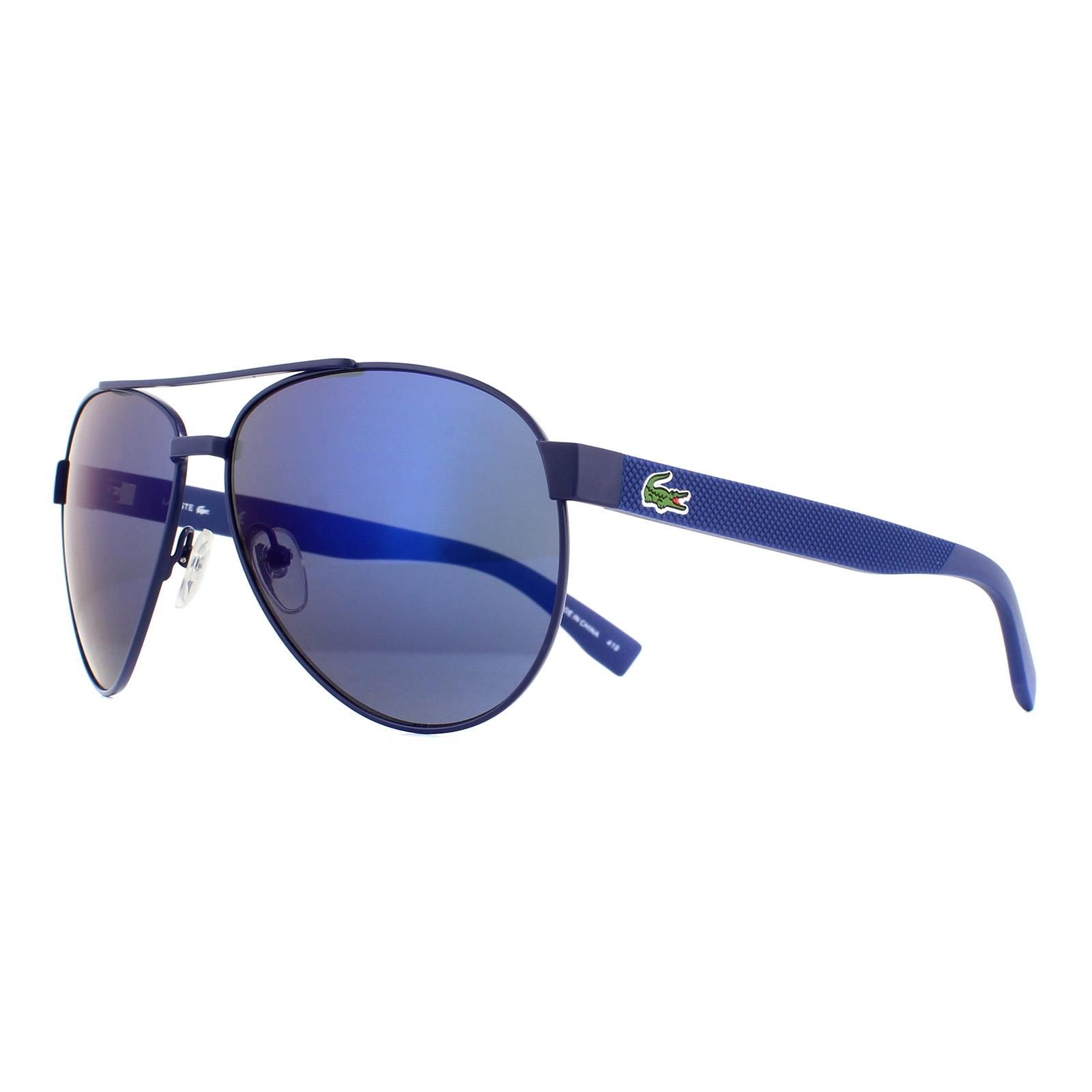 Lacoste Sunglasses L185S 424 Blue Blue are a classic pilot style with double bridge and thick plastic arms featuring the ubiquitous Lacoste alligator logo at the temples.