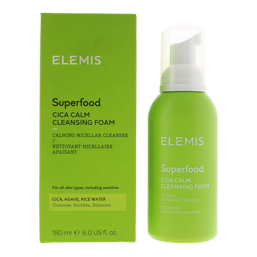 The Elemis Superfood Cica Calm Cleansing Foam is a Calming Micellar Cleanser formulated with Vitamin packed Superfoods, 75% Organic Aloe and a Prebiotic, which deliver instant cooling hydration. The gel cleanser soothes and protects dehydrated and sensitive skin and improves the look of skin texture.