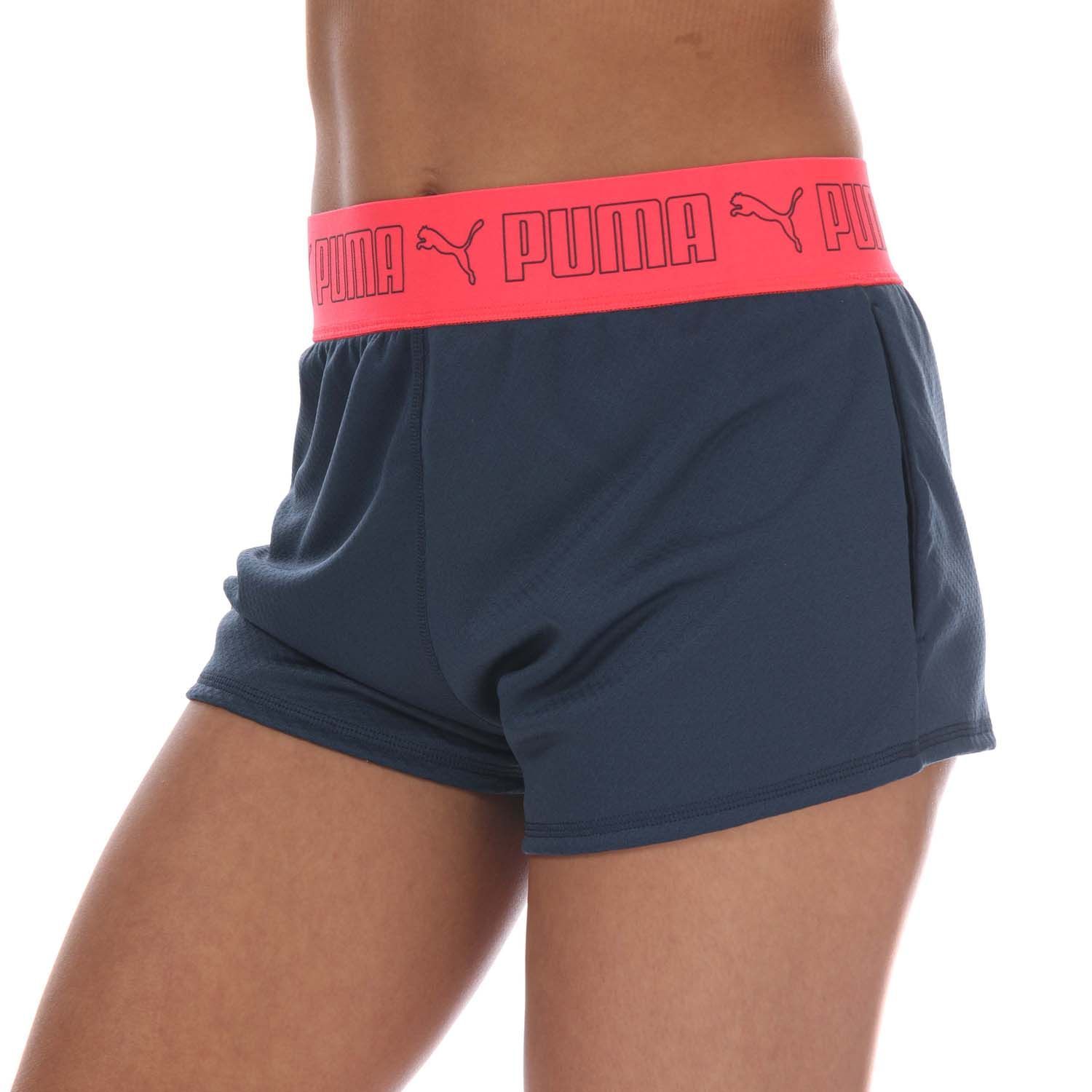 Womens Puma Elastic 3 Inch Training Shorts in dark blue.- Wide elasticated waistband.- Lightweight construction.- Puma branding to the waistband and leg.- Shell: 100% Polyester.  Machine washable.- Ref:52028566