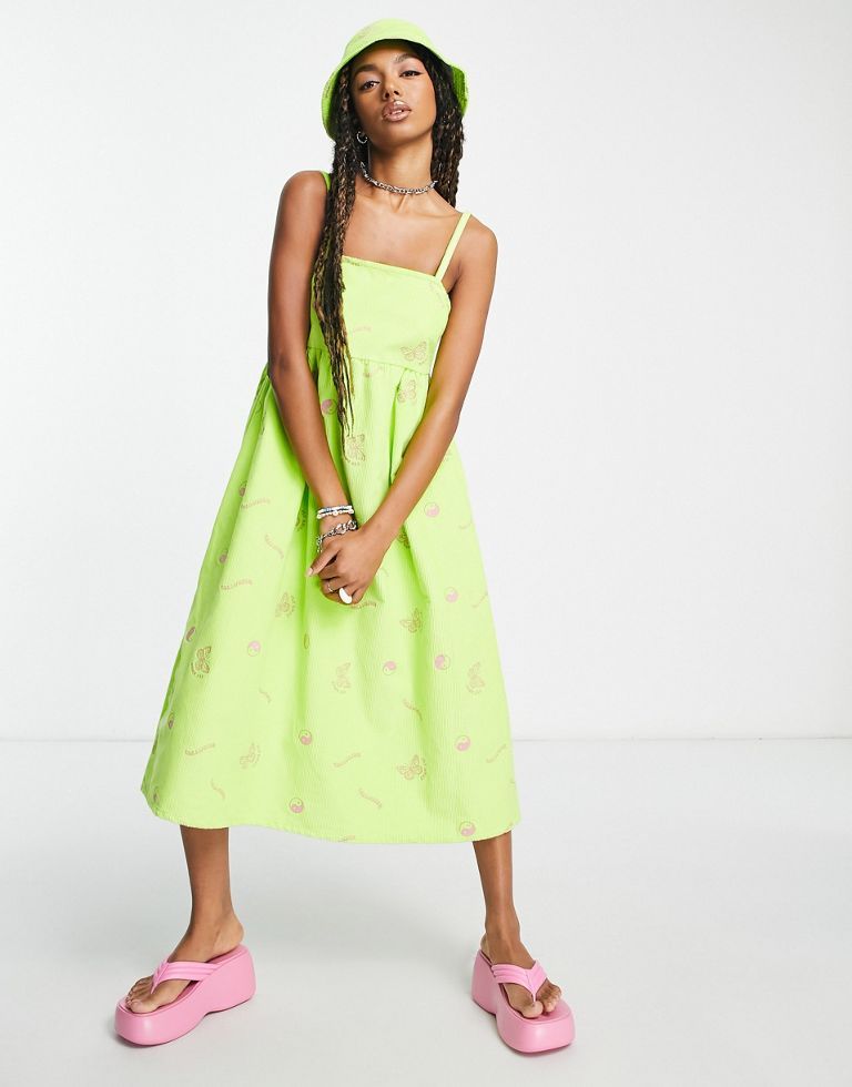 COLLUSION cord cami trapeze midi dress co-ord with embroidery in green
