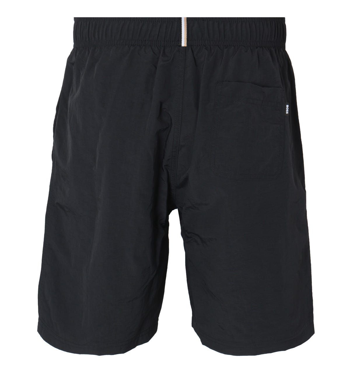 Swim in style this season with BOSS bodywear. These sporty swim shorts are crafted from a quick drying nylon fabric with a mesh lining for extra support. Featuring an elasticated drawstring waist, twin side seam pockets and a rear welt pocket. Finished with a large BOSS logo embroidered to the left leg.\nRegular Fit, Quick Dry Nylon, Elasticated Drawstring Waist, Twin Side Seam Pockets, Rear Welt Pocket,