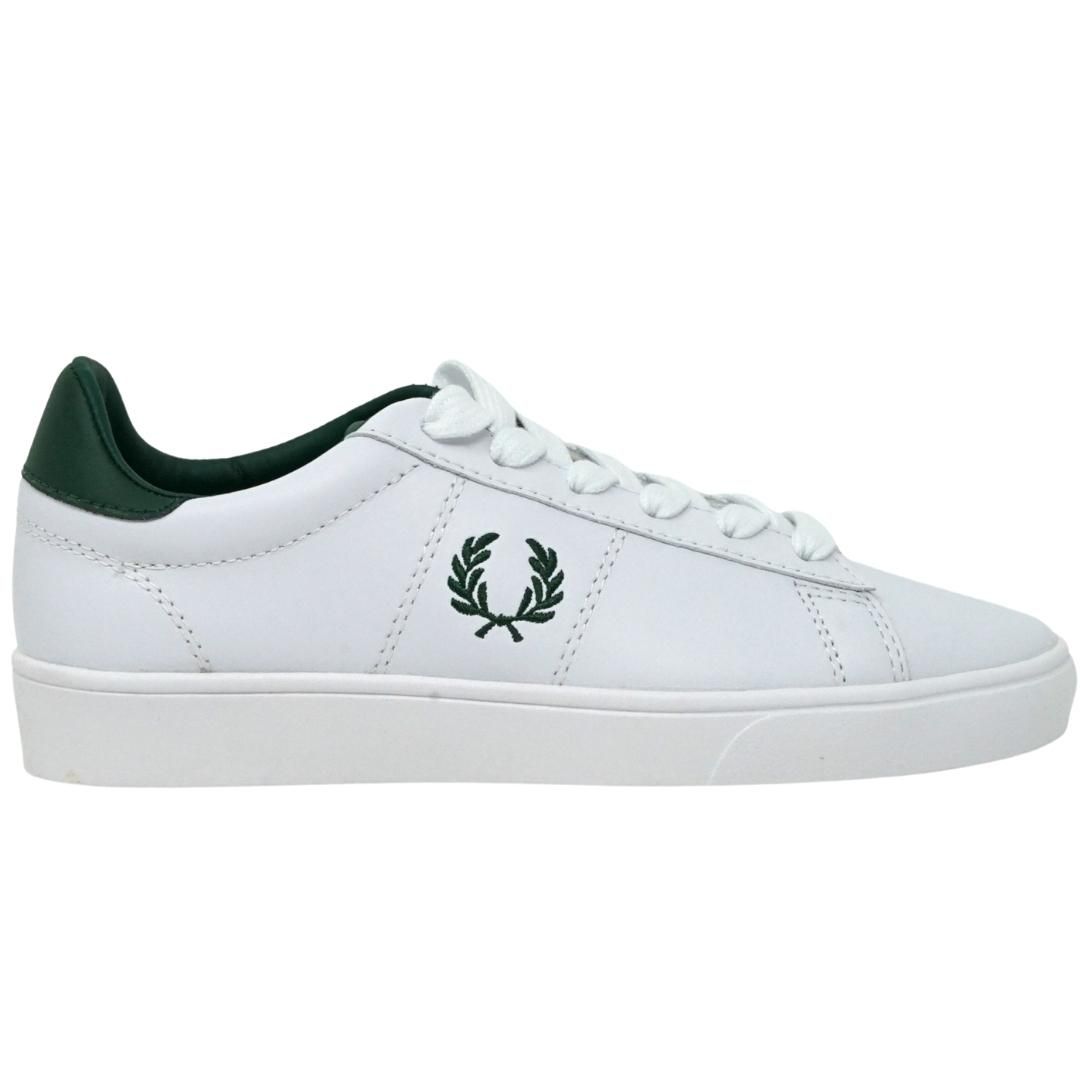 Fred Perry Spencer Leather B8250 100 White Trainers. Fred Perry White Shoes. Style: B8250 100. 100% Leather. Lace Fasten Trainers. Branded Badge On Side Of Shoe