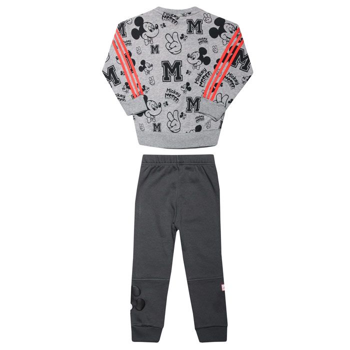 Baby  adidas Disney Mickey Mouse Jogger Set in grey.<BR><BR>-Sweatshirt:<BR><BR>-Ribbed V-neck.  <BR>- Long raglan sleeves.<BR>- 3-Stripes at shoulders and sleeves.<BR>- Ribbed cuffs and hem.<BR>- Tonal back neck tape.<BR>- Regular fit.<BR>- Main material: 70% Cotton  30% Polyester.  Machine washable.<BR><BR>- Pants: <BR><BR>- Elasticated waist with inner drawcord.<BR>- Slim fit.<BR>- Mickey Mouse graphic track suit.<BR>- Ribbed cuffs.<BR>- Mickey Mouse graphics provide a kid-friendly finish.<BR>- Main material: 70% Cotton  30% Polyester.  Machine washable. <BR>- Ref: FM2865