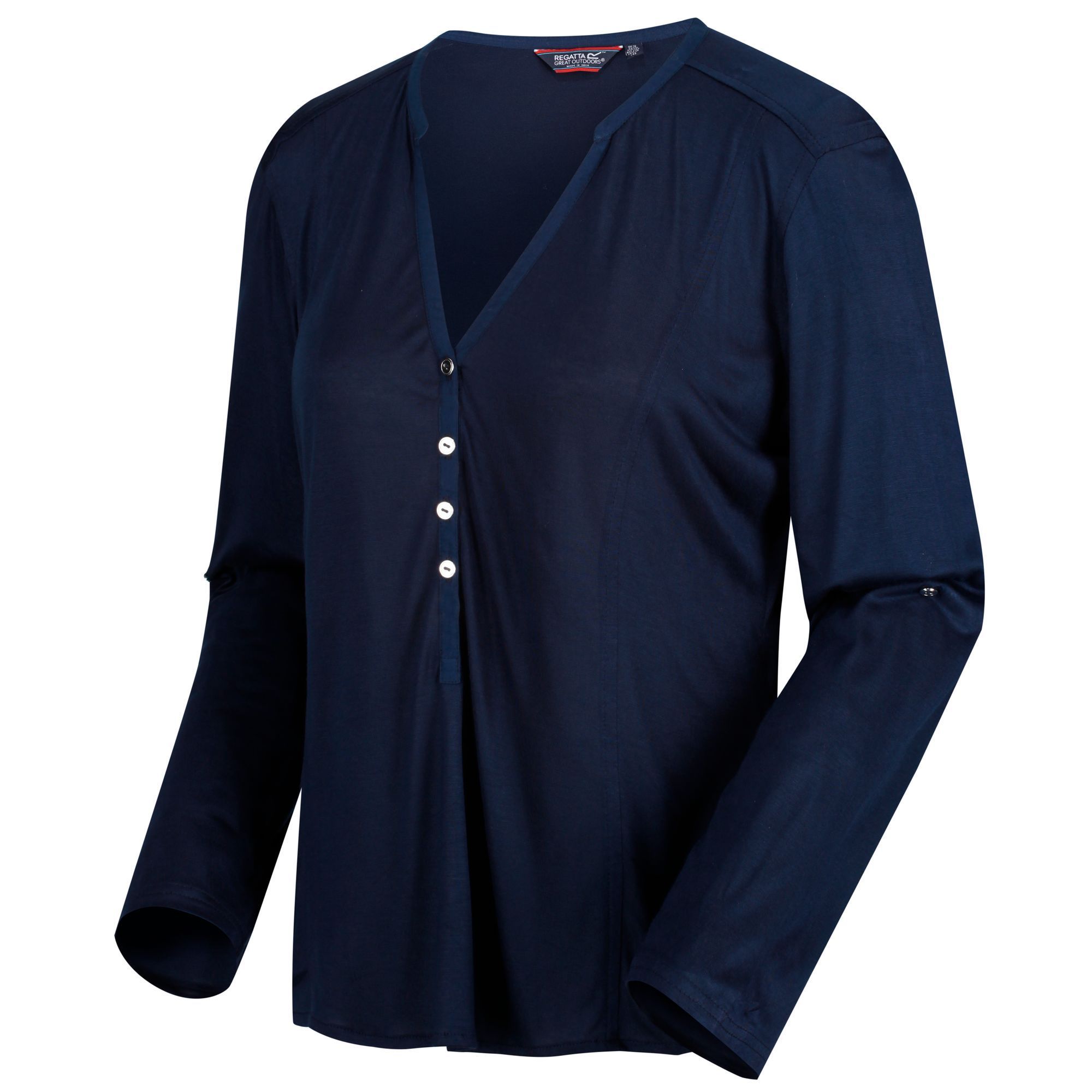 100% Viscose. 4 button narrow placket. Woven fabric trim detail. Roll up sleeves with button tab.