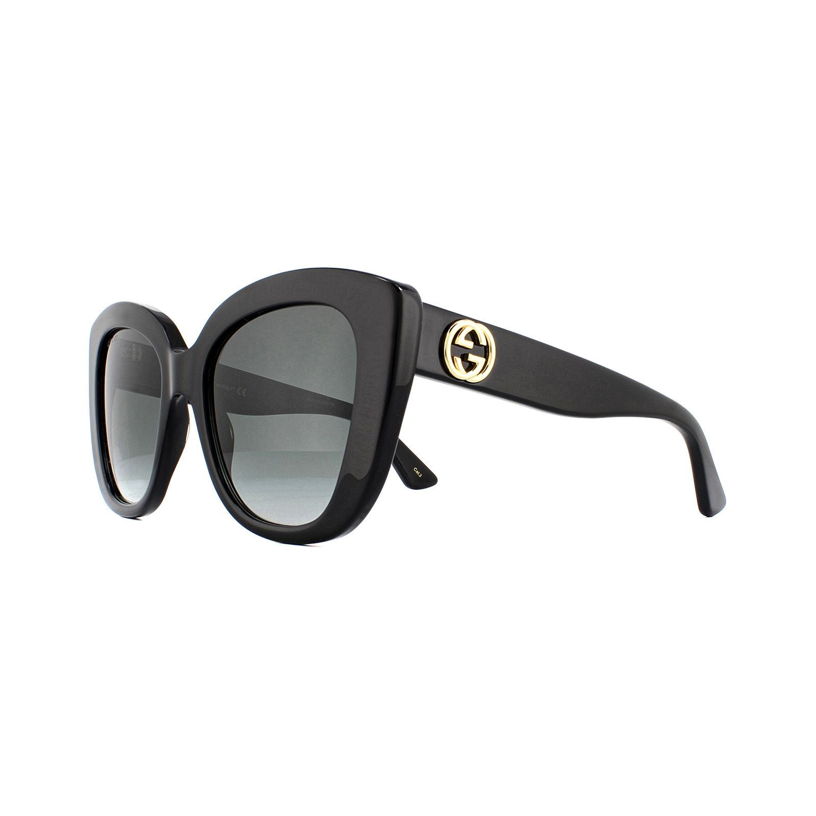 Gucci Sunglasses GG0327S 001 Black Grey Gradient are a bold acetate cat eye style for women. Embellished with the interlocking GG logo on each temple. These sunglasses are guaranteed to make a statement this summer!