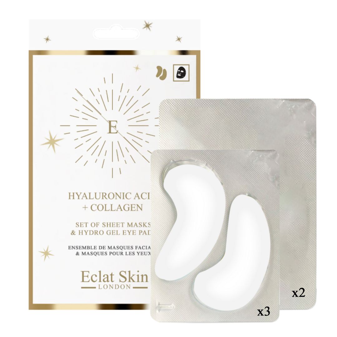 This is a perfect gift of Hyaluronic Acid & Collagen Eye Pads & Sheet Mask.

The kit contains:
3 x hydro-gel eye pads
2 x sheet masks

Double Collagen + Rose Hydro-Gel Eye Pads aims to rejuvenate, depuff and lock in moisture. Dual Collagen action aims to give the skin more firm look while rose is super antioxidant that aids in anti-ageing. The eye pads are filled with a serum that feels cool to the skin and is full of moisture. Pack contains 5 x 2 patches. 

Double Collagen + Rose Hydro-Gel Eye Pads - Directions for usage: Apply each pad to the underside of each eye. Leave for 10-15 minutes. Remove and gently massage in any residue. Do not re-use the pads. Use weekly.
Two luxury 30-minute hydration treatment sheet masks with a pioneering formula that contains Hyaluronic Acid, Collagen, Algae Extract and three natural extracts high in antioxidants. Designed to hydrate, nourish and plump dehydrated and dull looking skin. Use before makeup, special event or as a weekly relaxation and hydration treatment.

Sheet Masks Directions for usage: Apply mask to clean, dry skin, and smooth out with fingers. Take the mask off after approximately 30 minutes. Delicately massage the remaining serum in, and allow it to be fully absorbed or wipe away with a cloth.