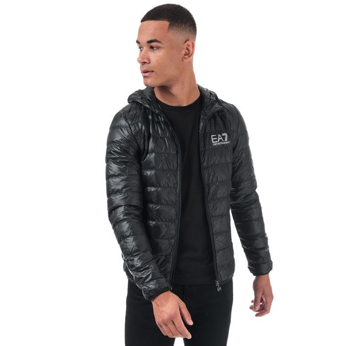 Mens Emporio Armani EA7 Core ID Down Jacket in black.<BR><BR>- Emporio Armani EA7 logo to the left of the chest.<BR>- Central zip closure.<BR>- Two open side pockets.<BR>- High neck.<BR>- Branded zip puller.<BR>- Lightweight down.<BR>- Fabric: 100% Polyamide. Padding: 90% White Duck Down  10% White Duck Feather. Machine washable.<BR>- REF:  8NPB02 PN29Z 1200