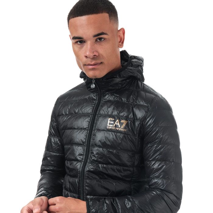 Mens Emporio Armani EA7 Core ID Down Jacket in black gold.<BR><BR>- Emporio Armani EA7 logo to the left of the chest.<BR>- Central zip closure.<BR>- Two open side pockets.<BR>- High neck.<BR>- Branded zip puller.<BR>- Lightweight down.<BR>- Fabric: 100% Polyamide. Padding: 90% White Duck Down  10% White Duck Feather. Machine washable.<BR>- REF:  8NPB02 PN29Z 0208