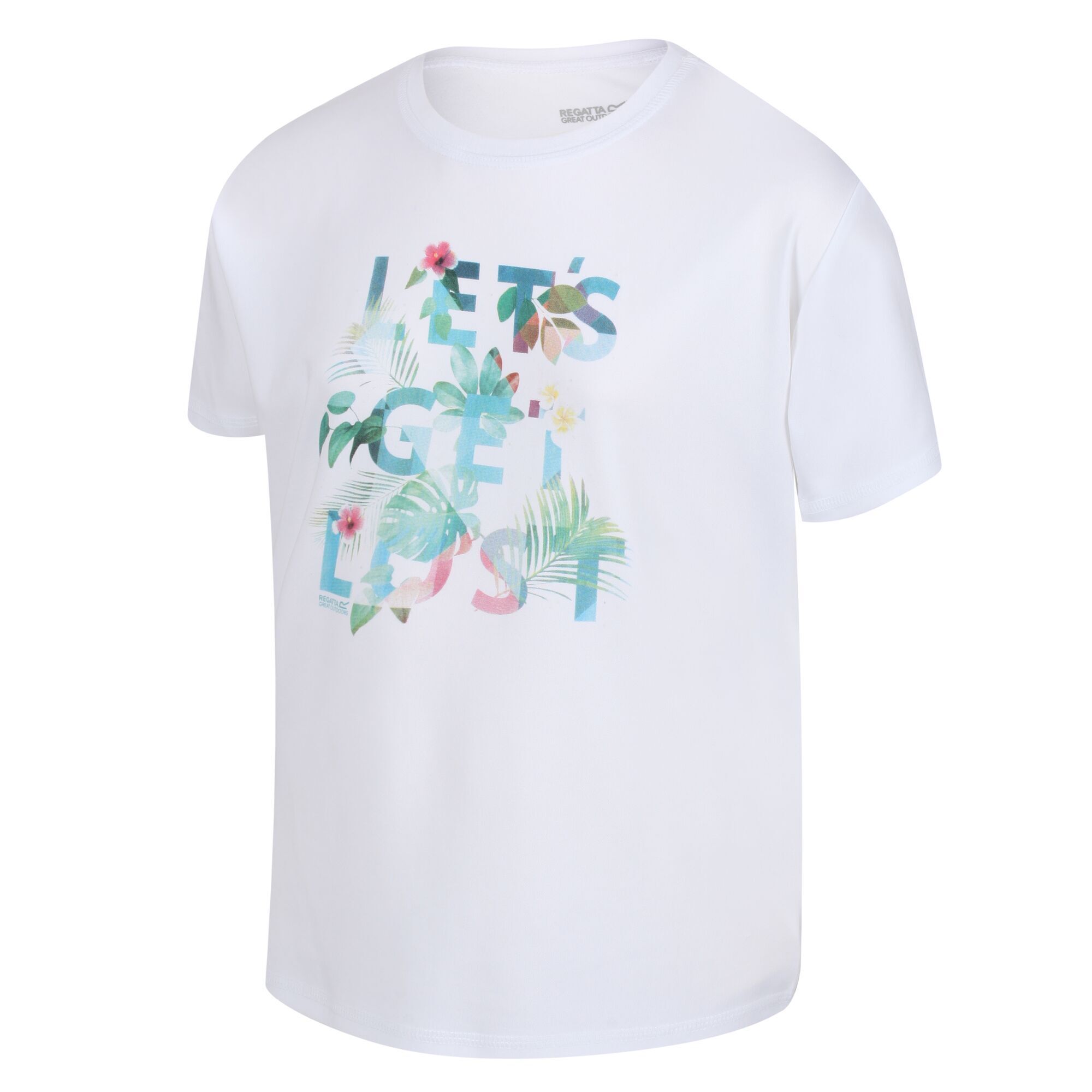 100% Polyester. Design: Flower, Leaves, Logo, Text. Neckline: Crew Neck. Sleeve-Type: Short-Sleeved. Fabric Technology: Lightweight, Moisture Wicking, Quick Dry. Sustainability: Made from Recycled Materials.
