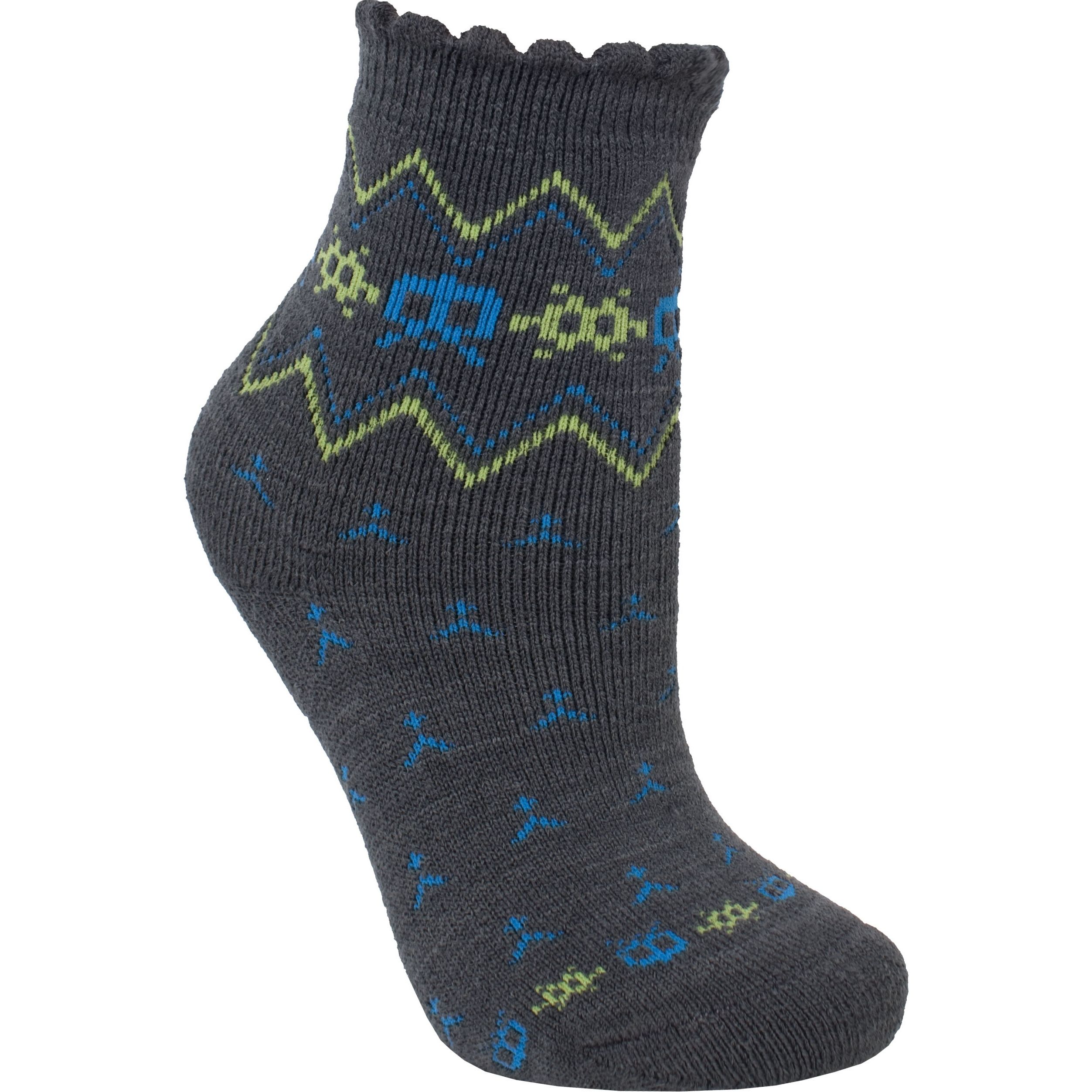 Kids patterned socks. 80% Acrylic, 5% Nylon, 14% Spandex, 1% Elastic.