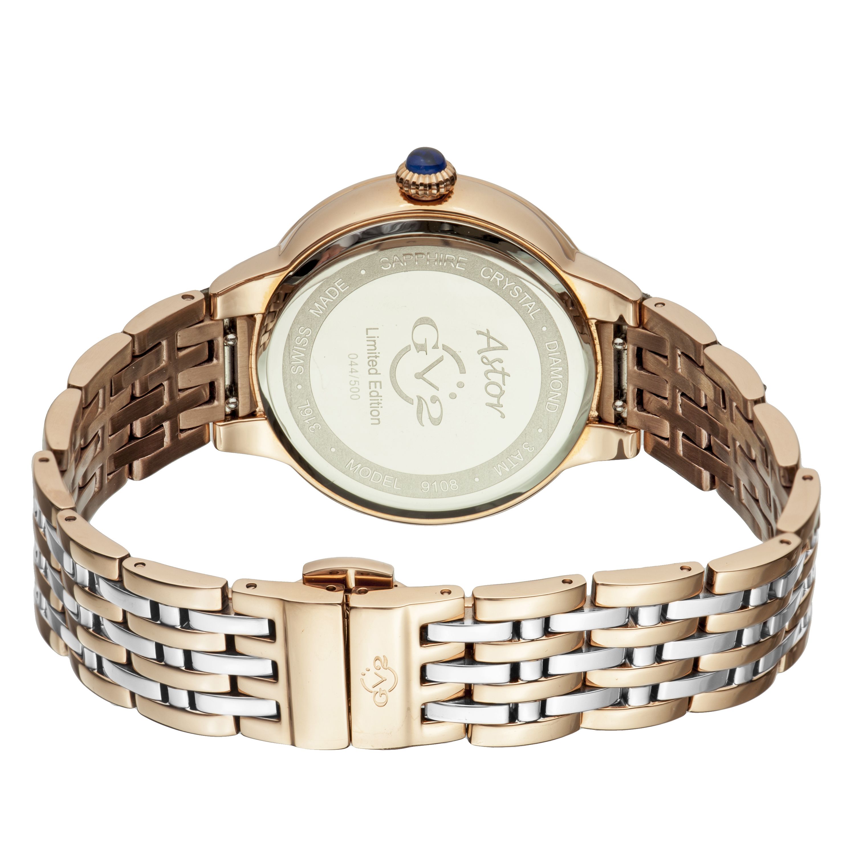 Named after Manhattan’s famed Astor Place, known for its culture and creativity, the Astor II collection elevates drama to high art.
With the Astor’s signature 38mm diamond-cut bezel and distinctive blue cabochon gemstone crown, the Astor II is not to be outdone boasting a show-stopping mother of pearl face. In brilliant black, blue or white mother of pearl, the distinguished Astor II ups the ante with four single cut diamonds encircling a diamond-cut inner circle. In Rose, Yellow Gold or Silver Stainless Steel bracelet, elegance has a new name.
Heighten drama and elevate intrigue with the stunning Astor II collection: easy to appreciate and hard to ignore. GV2 9143 Women's Astor II Swiss Diamond Watch

GV2 Women's Swiss Watch from the Astor II Collection
38mm 316L Stainless Steel Case with diamond-cut bezel
Brilliant Black MOP Dial with White Indices, 4 Single Cut Diamonds on Dial, with diamond-cut inner circle
Push Pull Fluted crown with Blue cabochon Stone
316L Stainless Steel Silver Bracelet with Deployment Buckle
Anti-reflective Sapphire Crystal
Water Resistant to 30 Meters/3ATM
Swiss Quartz Movement Ronda 763GV2 9106 Women's Astor Genuine Diamond Watch
GV2 Women's Swiss Watch from the Astor Collection
40mm IP Rose Gold Case with 50 Diamonds on Bezel
Brilliant White dial with Black Indices
Push Pull Fluted crown with Blue cabochon Stone
IP Two toned SS/Rose Gold Bracelet with Deployment Buckle
Anti-reflective Sapphire Crystal
Water Resistant to 30 Meters/3ATM