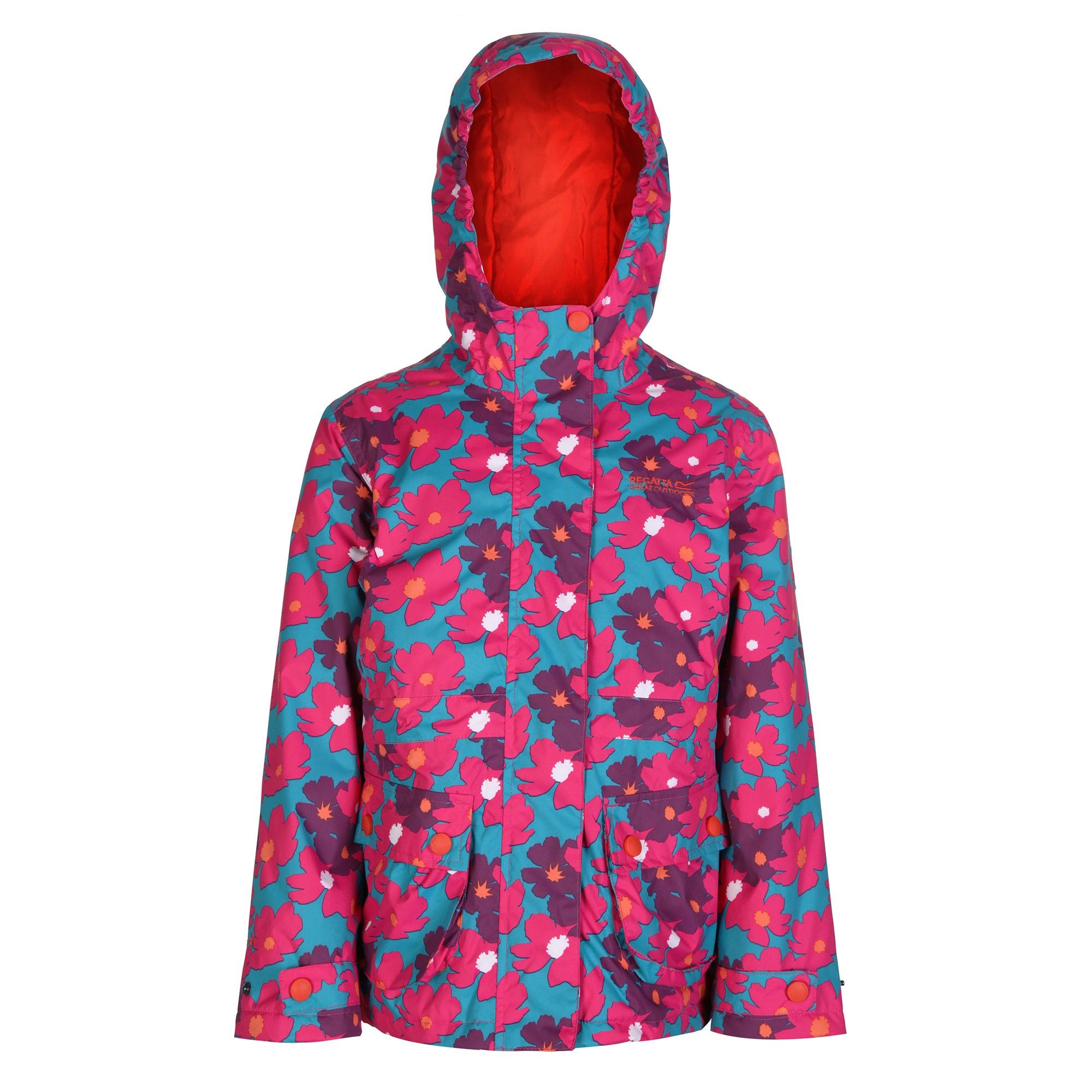 Waterproof and breathable Isotex printed polyester fabric. Taped seams. Thermo-Guard insulation. Polyester taffeta lining. Grown on hood. Reflective trim. 100% Polyester. Regatta Kids Sizing (chest approx): 2 Years (53-55cm), 3-4 Years (55-57cm), 5-6 Years (59-61cm), 7-8 Years (63-67cm), 9-10 Years (69-73cm), 11-12 Years (75-79cm), 32 (79-83cm), 34 (83-85cm).