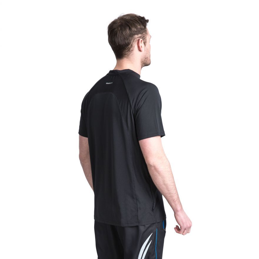 Short sleeves. Round neck. Contrast mesh panels. Concealed zip rear pocket. Reflective print. Quick dry. Wicking. 4 way stretch. Main: 90% Polyester/10% Elastane, Mesh: 100% Polyester. 150gsm. Trespass Mens Chest Sizing (approx): S - 35-37in/89-94cm, M - 38-40in/96.5-101.5cm, L - 41-43in/104-109cm, XL - 44-46in/111.5-117cm, XXL - 46-48in/117-122cm, 3XL - 48-50in/122-127cm.