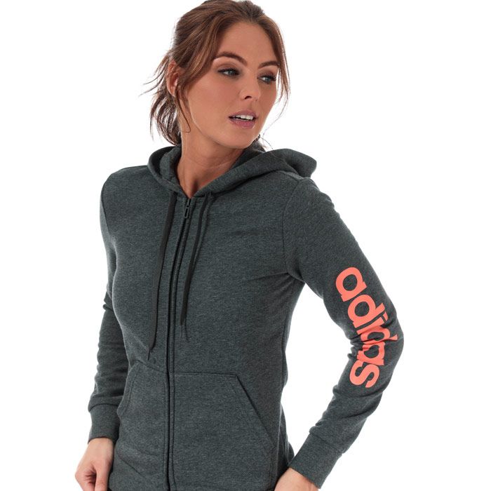 Womens adidas Essentials Linear Zip Hoody in dark grey heather - semi coral.<BR><BR>- Drawcord-adjustable hood.<BR>- Full zip fastening.<BR>- Long sleeves.<BR>- Kangaroo style pockets to front.<BR>- Ribbed cuffs and hem.<BR>- adidas linear logo printed at left sleeve.<BR>- Tonal back neck tape.<BR>- Slim fit.<BR>- Measurement from shoulder to hem: 23“ approximately.  <BR>- Main material: 52% Cotton  48% Recycled polyester.  Hood lining: 100% Cotton.  Machine washable.<BR>- Ref: EI0660<BR><BR>Measurements are intended for guidance only.