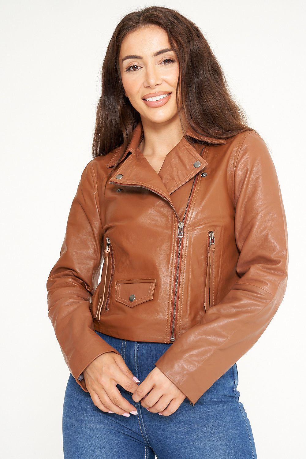 Elle Ladies Leather Biker Jacket In Brown 7979