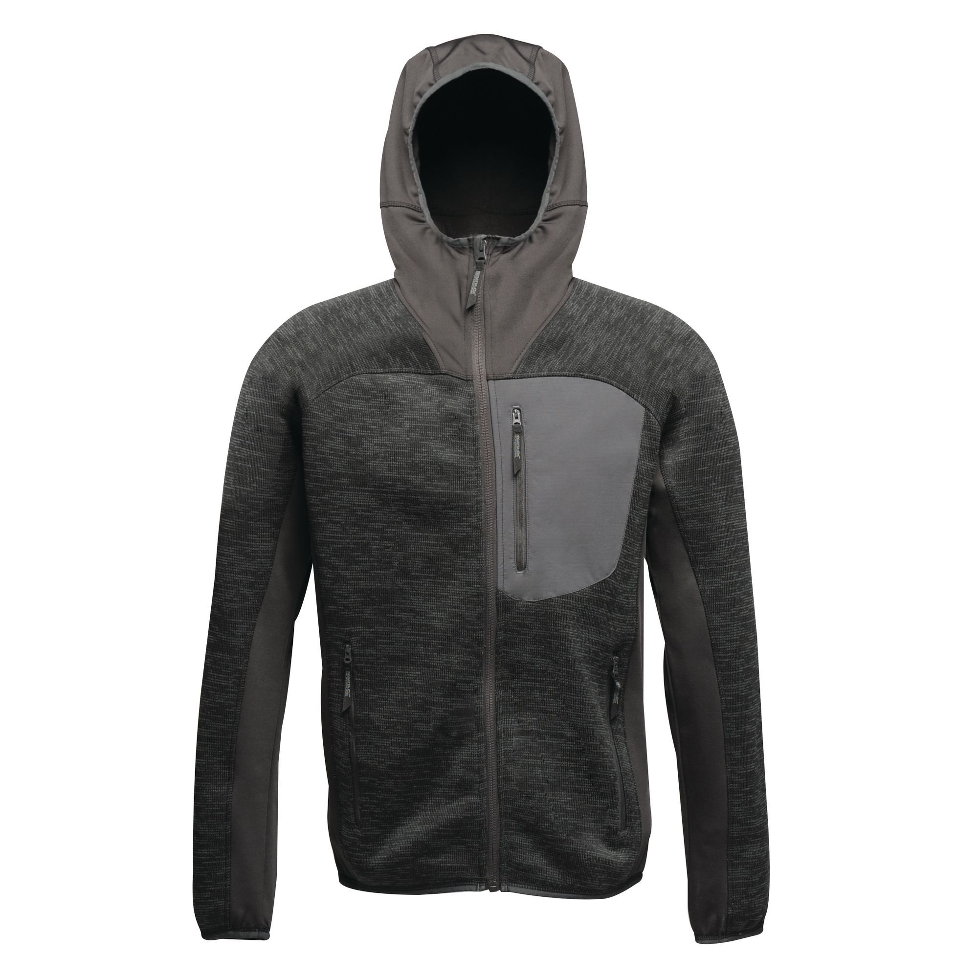 100% fleece. Mens fleece jacket. 280 series knit effect fleece. Extol stretch side, hood and underarm panels. Grown on hood. Stretch binding to hood opening, cuffs and hem. 2 zipped lower pockets and 1 zipped chest pocket. Chin guard. Regatta Mens X-Pro sizing (chest approx.): XS (36in/92cm), S (38in/97cm), M (40in/102cm), L (42in/107cm), XL (44in/112cm), XXL (47in/119cm), XXXL (50in/127cm), XXXXL (53in/134.5cm).