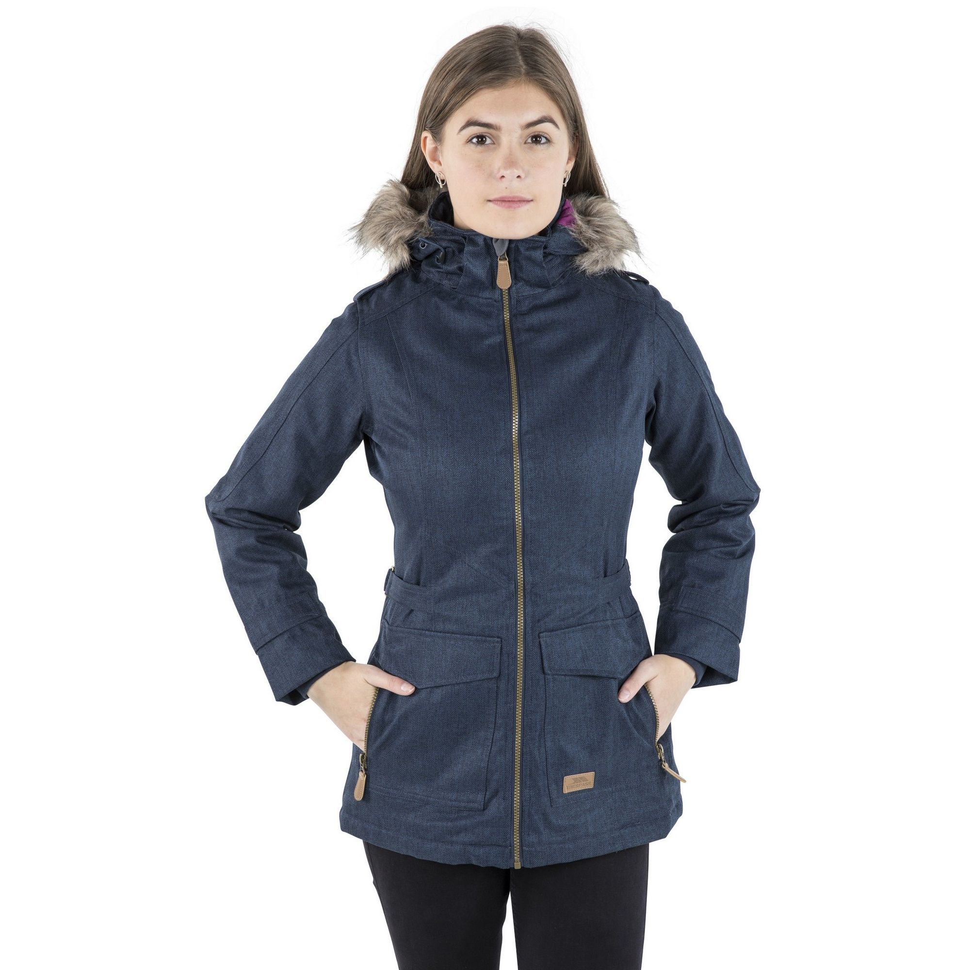 Padded. Textured fabric. Contrast linings. Adjustable zip off hood. Removable fake fur hood trim. 2 zip pockets. Adjustable waist tabs. Inner knitted cuff. Inner storm flap. Waterproof 3000mm, windproof, taped seams. Shell: 100% Polyester, TPU membrane, Lining: 100% Polyester, Filling: 100% Polyester. Trespass Womens Chest Sizing (approx): XS/8 - 32in/81cm, S/10 - 34in/86cm, M/12 - 36in/91.4cm, L/14 - 38in/96.5cm, XL/16 - 40in/101.5cm, XXL/18 - 42in/106.5cm.