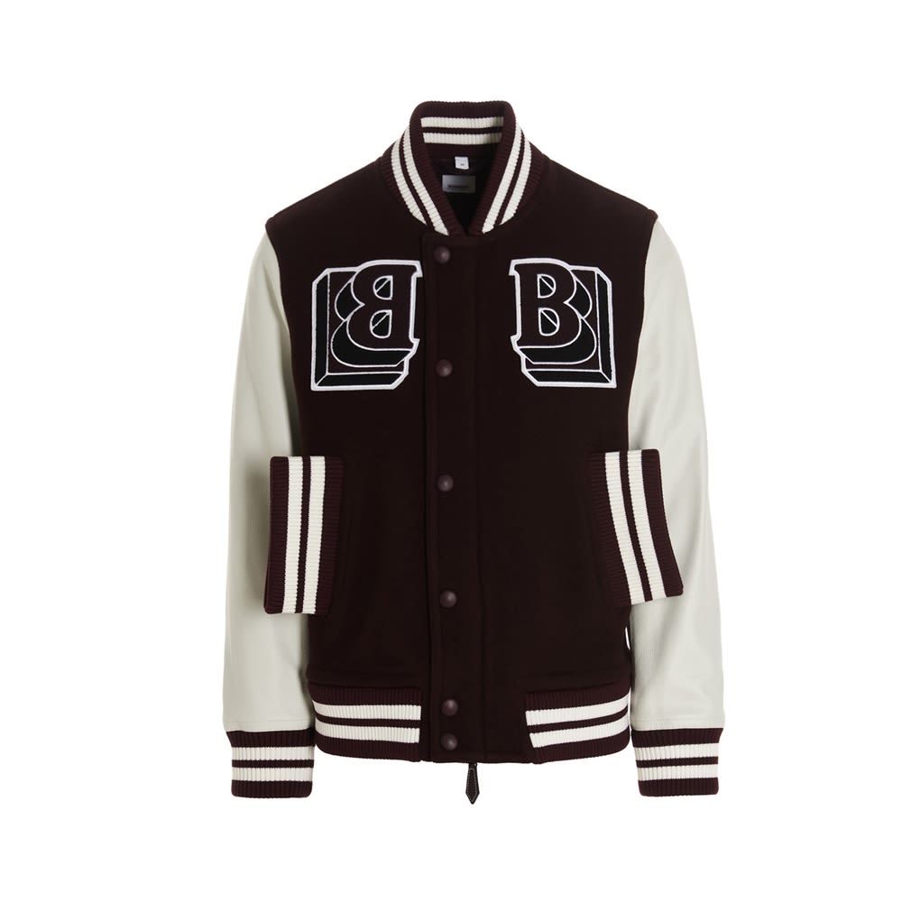 Tech wool varsity bomber jacket featuring leather sleeves, snap buttons, a double logo patch at the front and pockets.