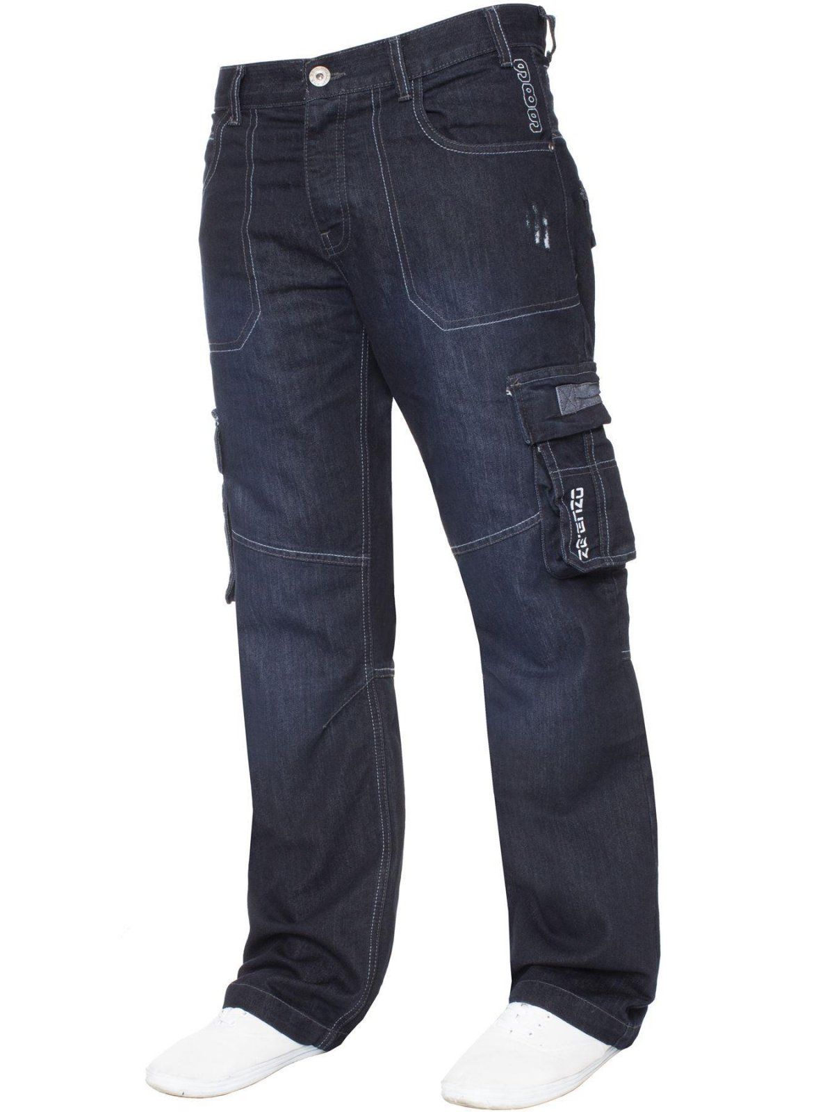 Go back to your roots with these comfortable 7 pocket dark blue combat jeans, featuring cinch buckle to back and draw cords to the bottom of the leg for a more custom fit. Finished off with printed branding to front and back, subtle distressed detail and button fly for a comfort fit.