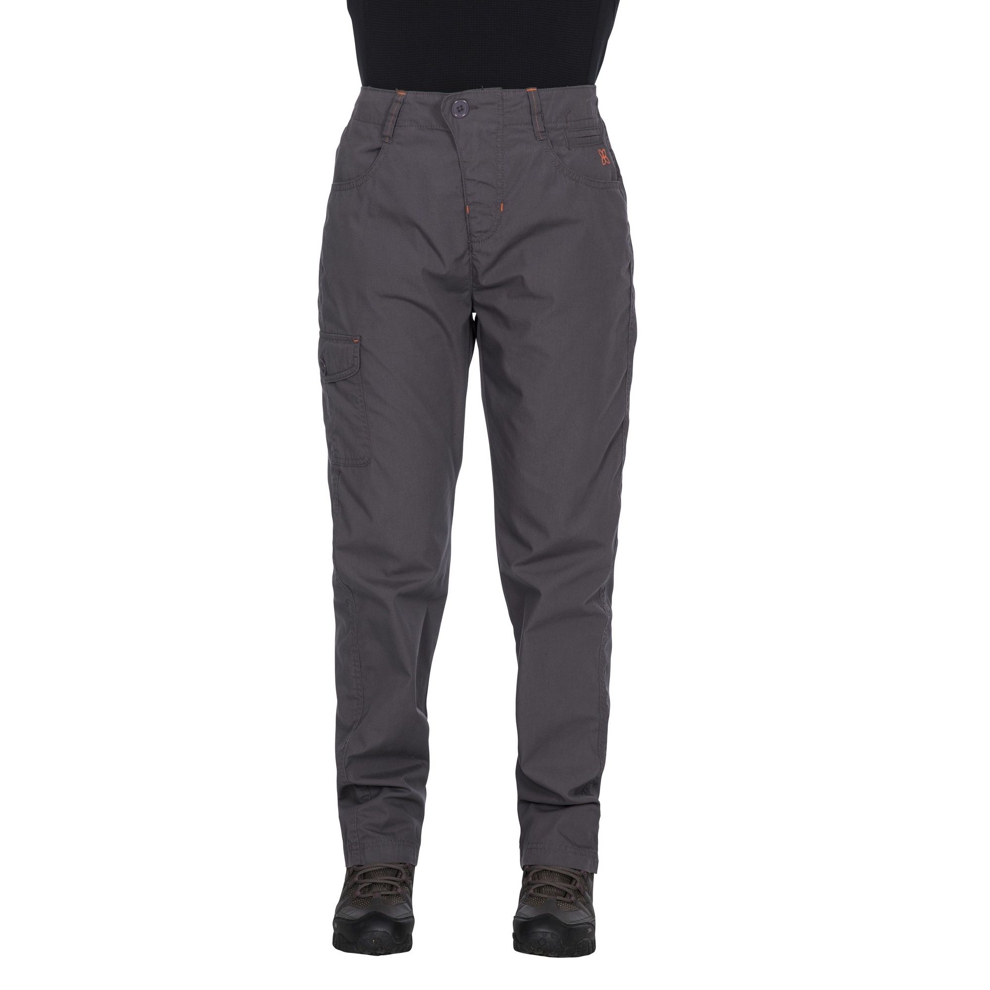 Womens trousers. Adjustable waist with back elastic. 1 zip pocket at back. 4 pockets. Contrast trims. UV40+. Water repellent. 65% Polyester, 35% Cotton, peached. Trespass Womens Waist Sizing (approx): XS/8 - 25in/66cm, S/10 - 28in/71cm, M/12 - 30in/76cm, L/14 - 32in/81cm, XL/16 - 34in/86cm, XXL/18 - 36in/91.5cm.