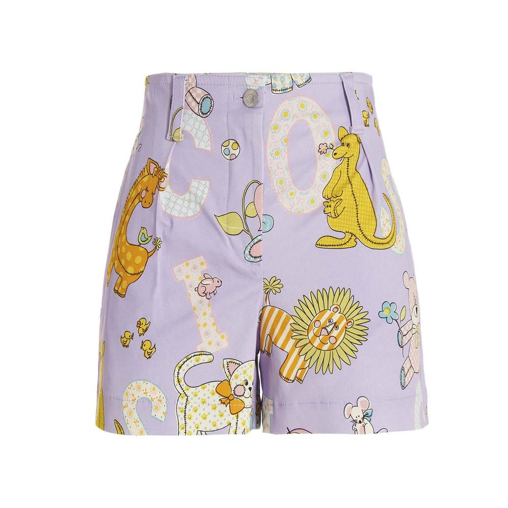 Cotton shorts with high waist, all-over print, and zip and button closure.