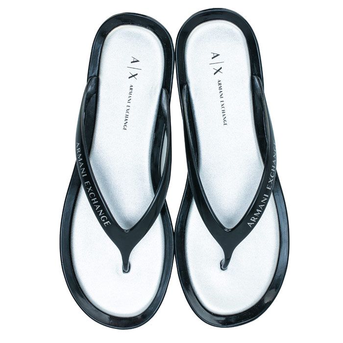 Womens Armani Exchange Logo Flip Flops in Black - Silver. <BR><BR>- Slip on design.<BR>- Slim rubber strap with toe thong.<BR>- Armani Exchange logo to straps and footbed<BR>- Heel height 1“ - 2.5cm approximately<BR>- 100% Polyurethane<BR>- Synthetic upper  Synthetic lining  Synthetic sole<BR>- Ref: 94508247801020<BR><BR> Measurements are intended for guidance only