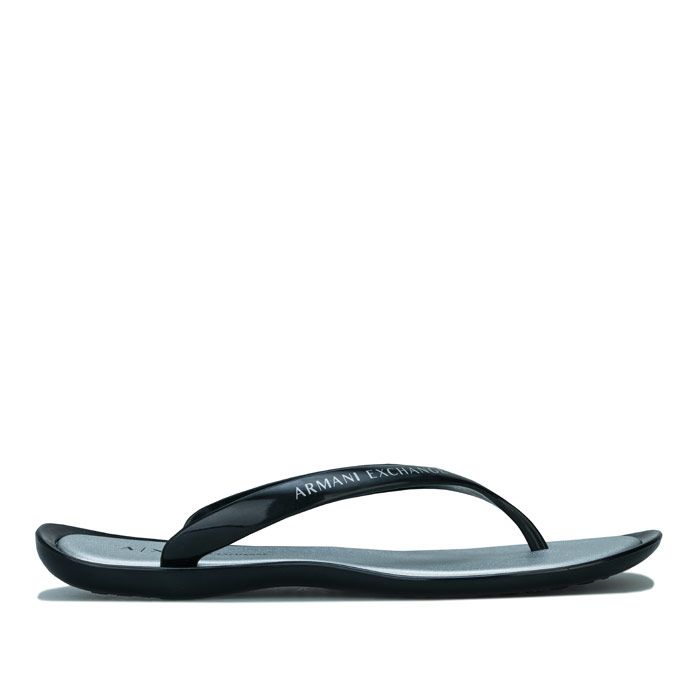 Womens Armani Exchange Logo Flip Flops in Black - Silver. <BR><BR>- Slip on design.<BR>- Slim rubber strap with toe thong.<BR>- Armani Exchange logo to straps and footbed<BR>- Heel height 1“ - 2.5cm approximately<BR>- 100% Polyurethane<BR>- Synthetic upper  Synthetic lining  Synthetic sole<BR>- Ref: 94508247801020<BR><BR> Measurements are intended for guidance only