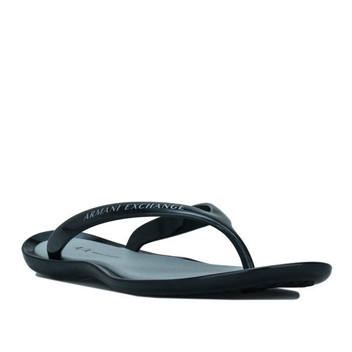 Womens Armani Exchange Logo Flip Flops in Black - Silver. <BR><BR>- Slip on design.<BR>- Slim rubber strap with toe thong.<BR>- Armani Exchange logo to straps and footbed<BR>- Heel height 1“ - 2.5cm approximately<BR>- 100% Polyurethane<BR>- Synthetic upper  Synthetic lining  Synthetic sole<BR>- Ref: 94508247801020<BR><BR> Measurements are intended for guidance only