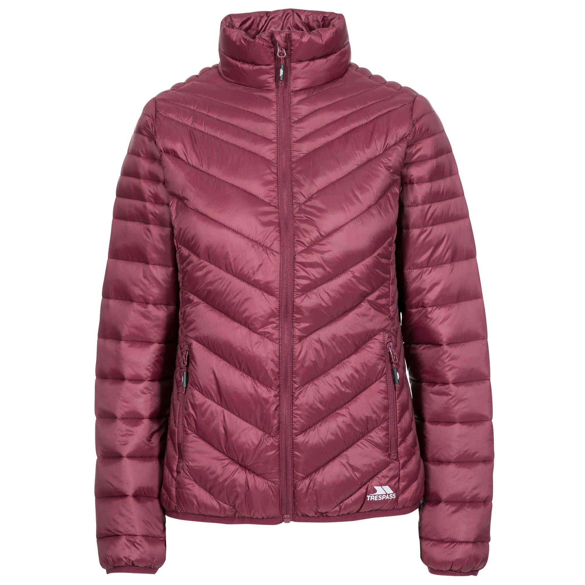 Womens quilted jacket. Down touch filling. 2 zip pockets. Inner storm flap. Elastic binding at cuff and hem. Materials - Shell: 100% polyamide, Lining and Filling: 100% polyester.