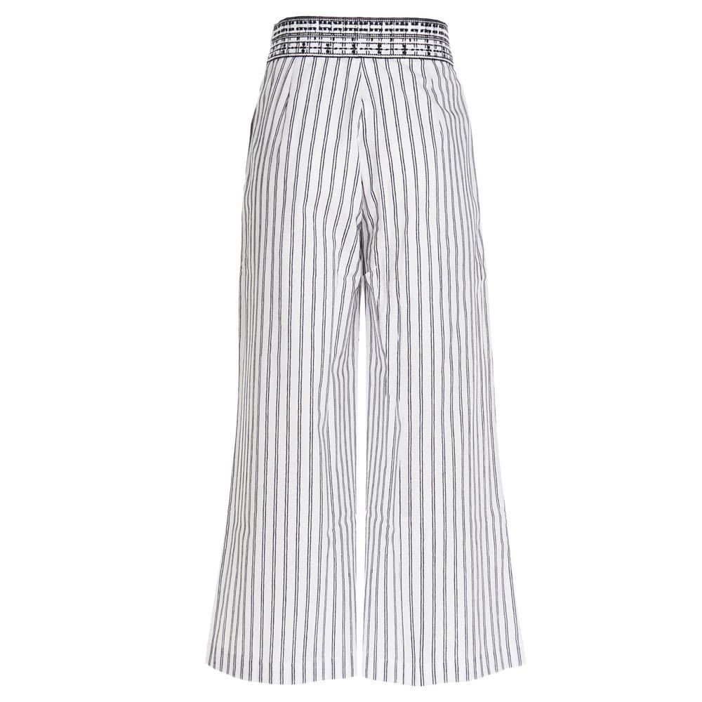 Cotton blend trousers with an all over striped print, an embroidered waist band, a loose leg, a side zip closure and pockets.