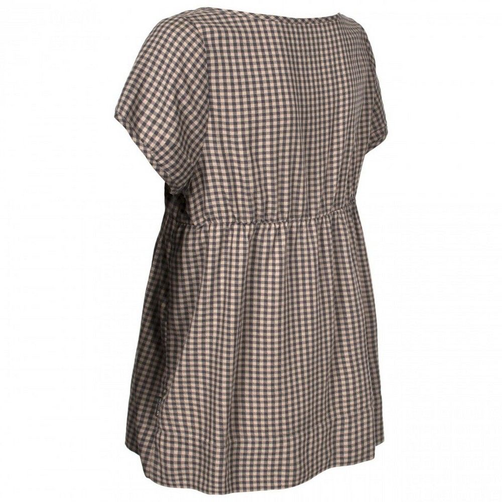 Round scooped neck. Short sleeves. Button fastening. Elastic under bust. 100% Viscose printed. Trespass Womens Chest Sizing (approx): XS/8 - 32in/81cm, S/10 - 34in/86cm, M/12 - 36in/91.4cm, L/14 - 38in/96.5cm, XL/16 - 40in/101.5cm, XXL/18 - 42in/106.5cm.