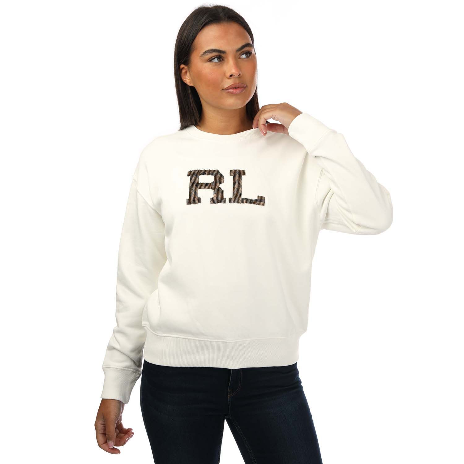 Women's Ralph Lauren Beaded RL Cotton Terry Sweatshirt in White