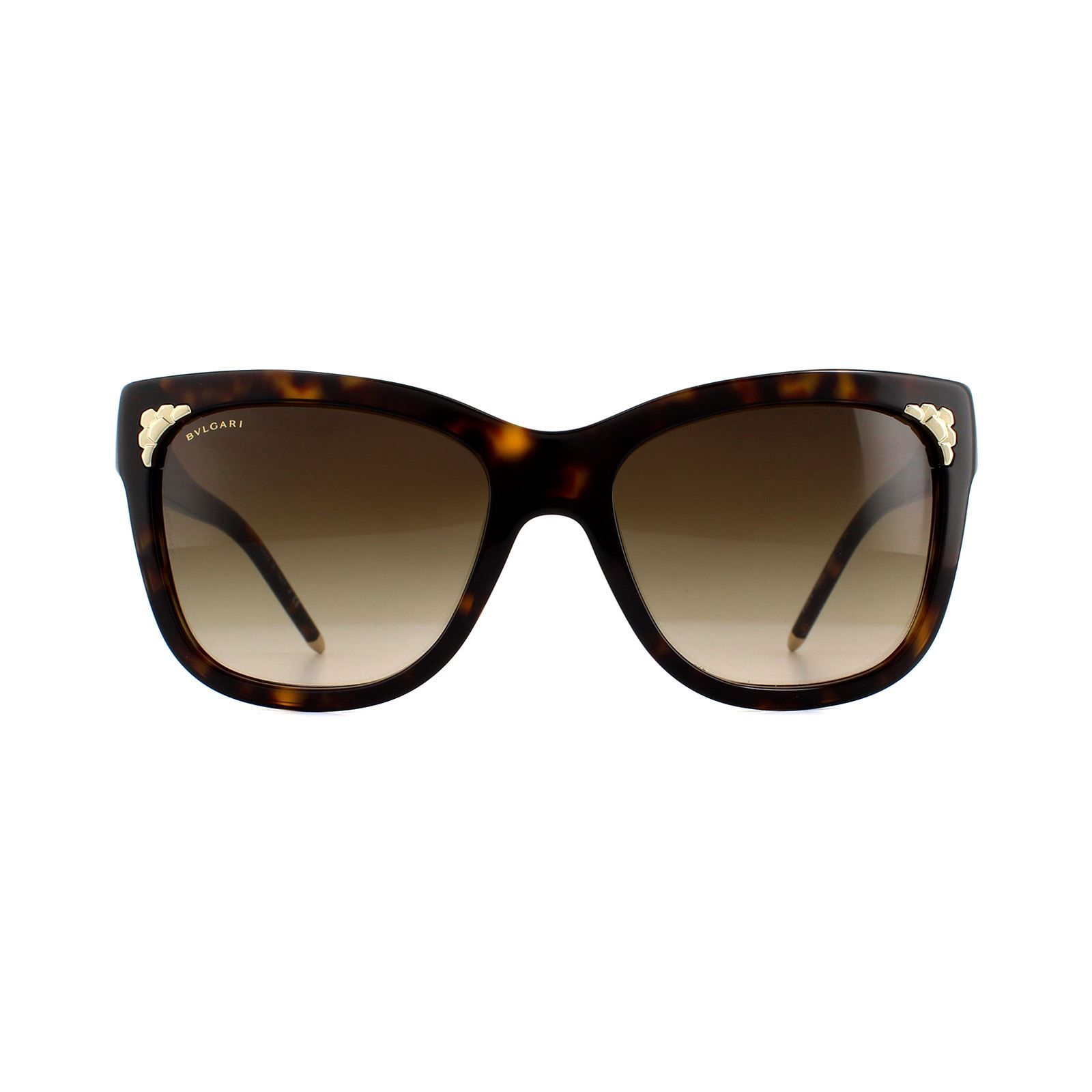 Bvlgari Sunglasses BV8134K 504/13 Dark Havana Brown Gradient are elegant square style sunglasses for women featuring Bvlgari's honeycomb pattern on the temples and lens corners. The Bvlgari logo is showcased on the temples for brand recognition.