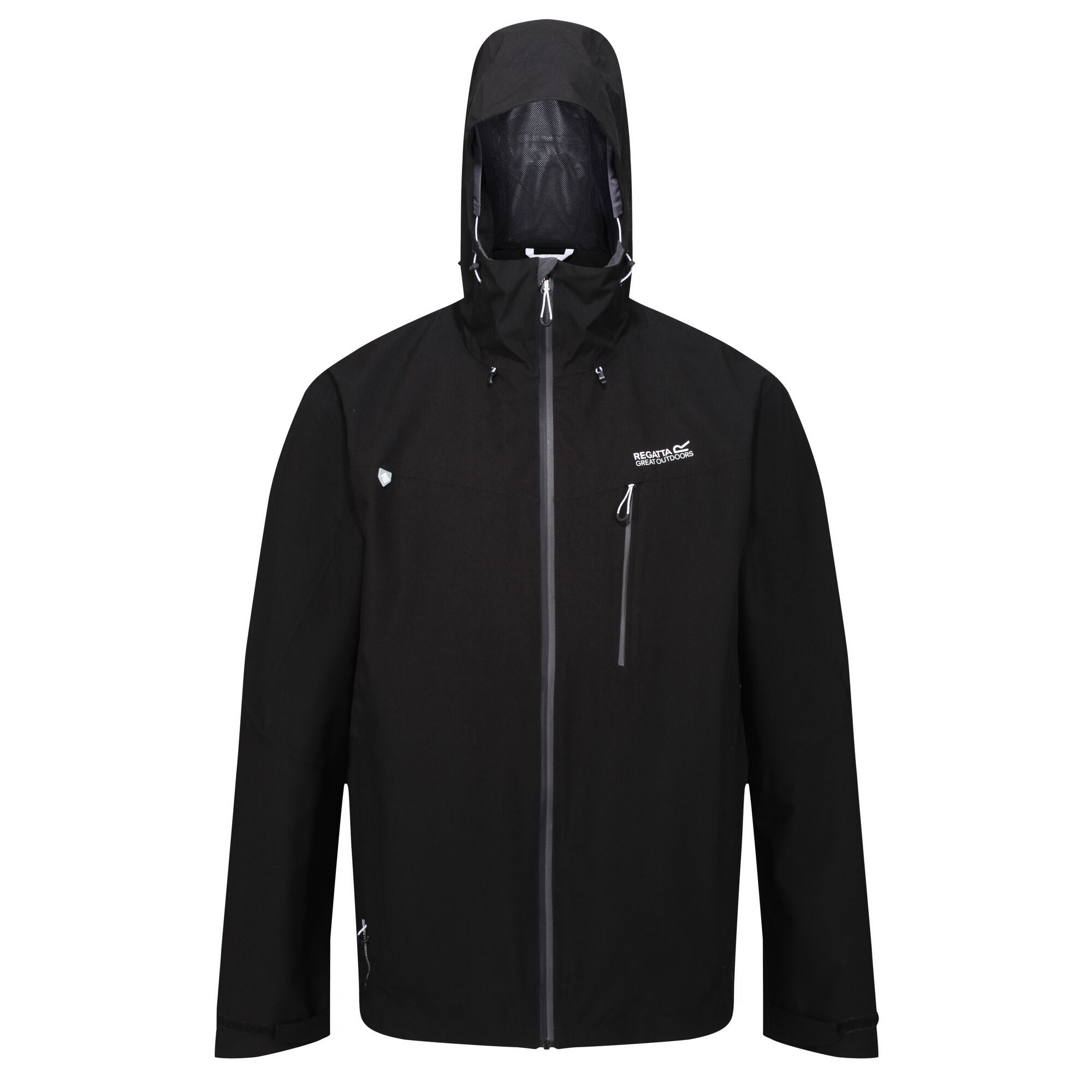 Waterproof hooded jacket with grown on technical hood with adjusters. Hi-tech water repellent centre front zip with inner zip and chin guard. Ideal for wet weather. 100% polyester. Hand wash.