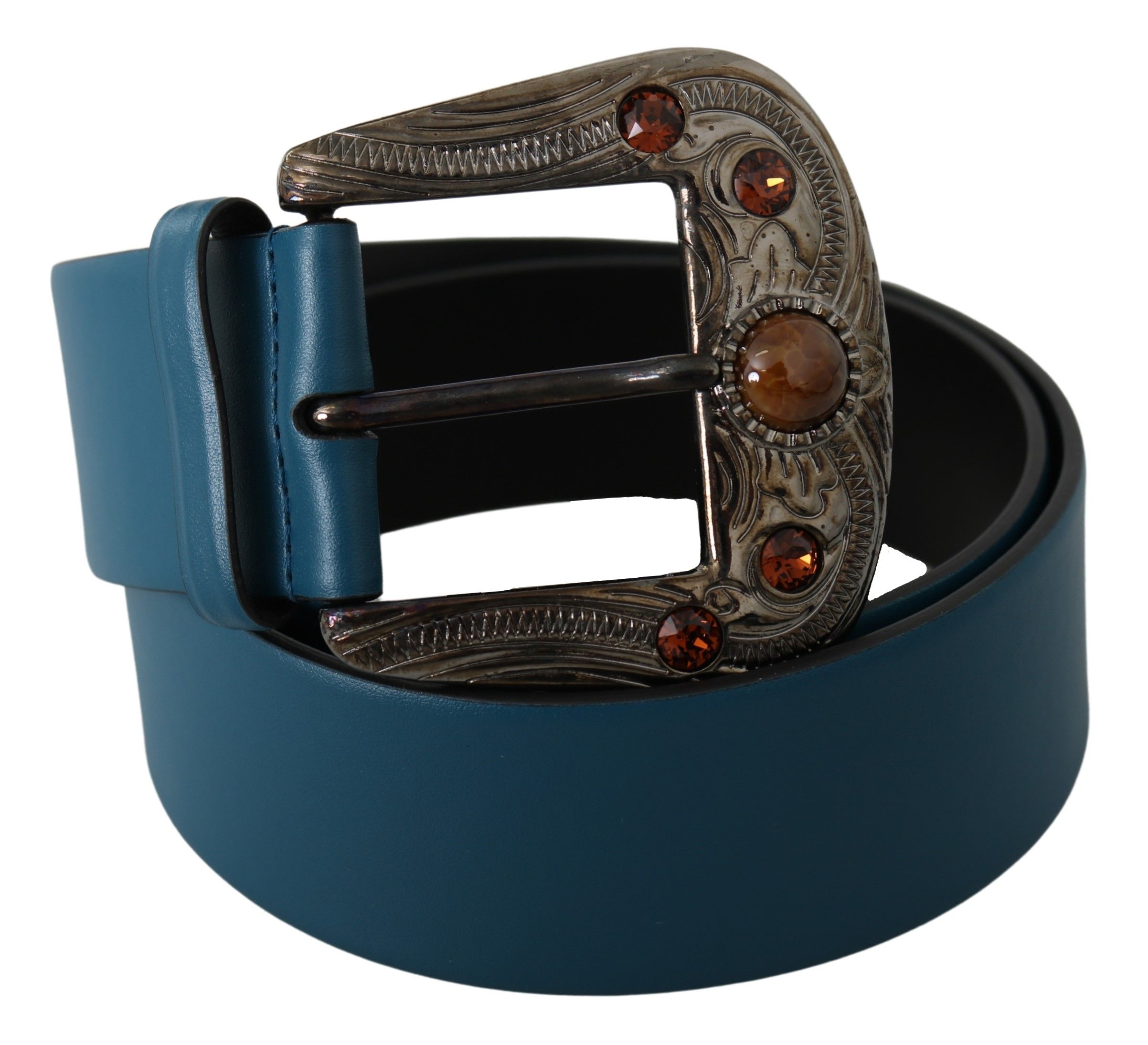 Dolce & Gabbana Men's Blue Leather Orange Crystal Baroque Buckle Belt