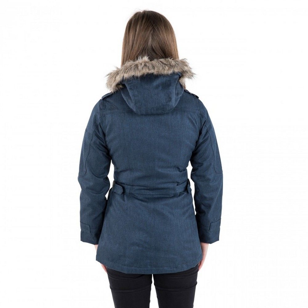 Womens jacket. Padded. Contrast lining. Adjustable zip off hood. Removable fake fur trim. 2 zip pockets. Adjustable waist tabs. Inner knitted cuff. Inner storm flap. Antique brass accessories. Waterproof 3000mm, windproof. Taped seams. Shell: 100% Polyester TPU membrane, Padding: 100% Polyester, Lining: 100% Polyester.