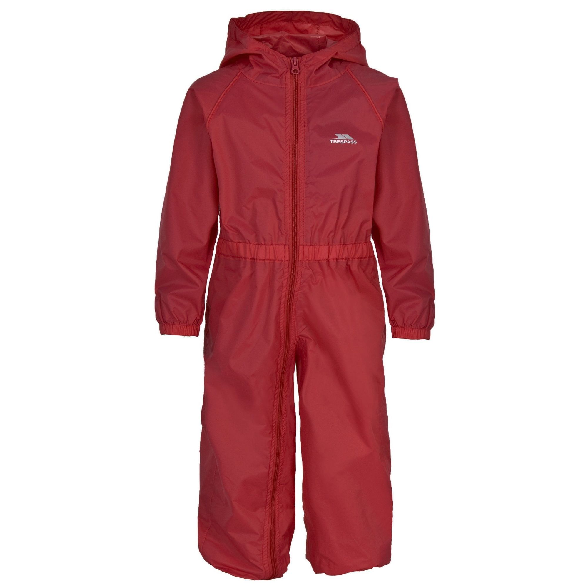Unisex shell baby rain suit. Grown on hood. Full body length front zip. Elasticated side waist. Elasticated cuff and ankles. 100% Polyamide, PU coating.