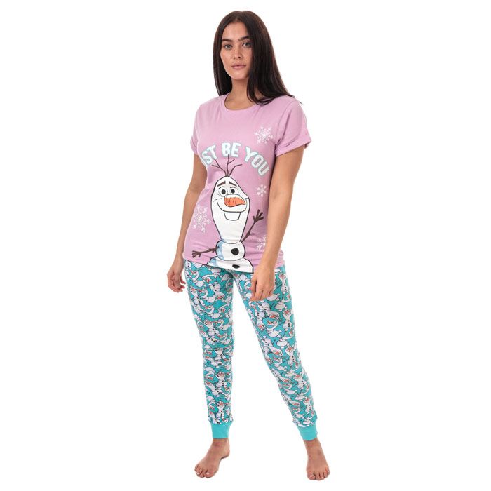 Womens Disney Frozen Olaf Pyjamas in purple.<BR><BR>Top:<BR>- Purple cotton t-shirt.<BR>- Ribbed crew neck.<BR>- Short sleeves with turn-back cuffs.<BR>- Large Olaf ‘Just Be You’ graphic printed to front.<BR>- Contrast back neck tape.<BR>- Glitter accents.<BR>- Measurement from shoulder to hem: 26in approximately.<BR>- 100% Cotton.  Machine washable.  <BR><BR>Bottoms:<BR>- Blue cotton pyjama bottoms with repeat Olaf print.<BR>- Elasticated at waist.<BR>- Ribbed cuffs.<BR>- Inside leg length measures 30in approximately.<BR>- 100% Cotton.  Machine washable.  <BR>- Ref: 9757<BR><BR>Measurements are intended for guidance only.