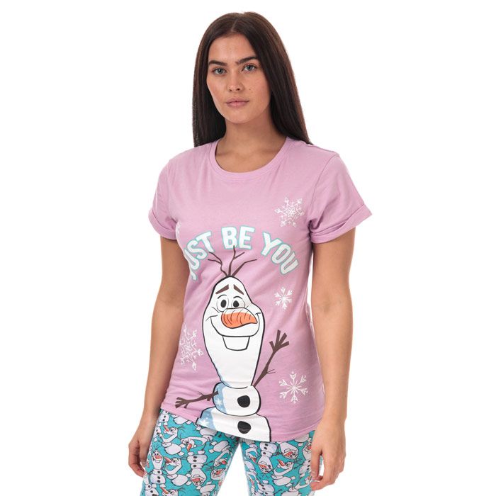 Womens Disney Frozen Olaf Pyjamas in purple.<BR><BR>Top:<BR>- Purple cotton t-shirt.<BR>- Ribbed crew neck.<BR>- Short sleeves with turn-back cuffs.<BR>- Large Olaf ‘Just Be You’ graphic printed to front.<BR>- Contrast back neck tape.<BR>- Glitter accents.<BR>- Measurement from shoulder to hem: 26in approximately.<BR>- 100% Cotton.  Machine washable.  <BR><BR>Bottoms:<BR>- Blue cotton pyjama bottoms with repeat Olaf print.<BR>- Elasticated at waist.<BR>- Ribbed cuffs.<BR>- Inside leg length measures 30in approximately.<BR>- 100% Cotton.  Machine washable.  <BR>- Ref: 9757<BR><BR>Measurements are intended for guidance only.