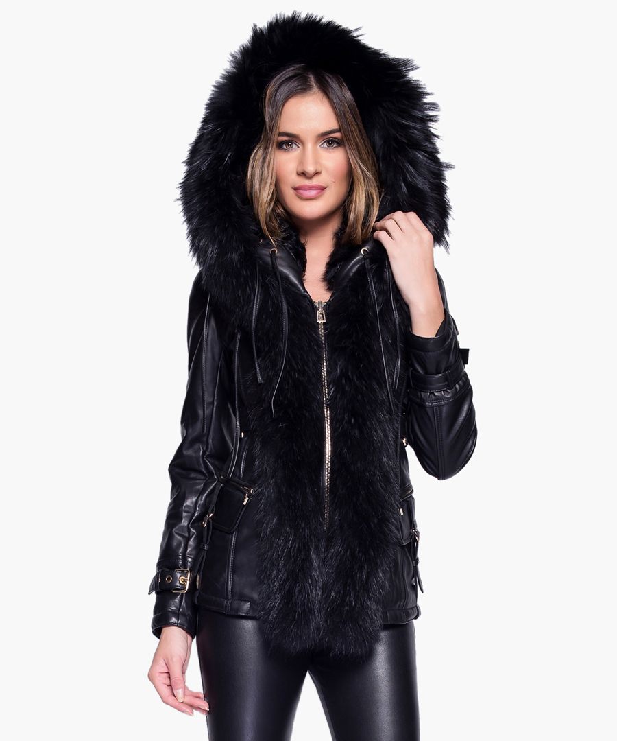 Ania black leather and fur jacket