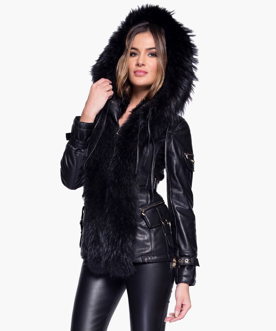 Ania black leather and fur jacket
