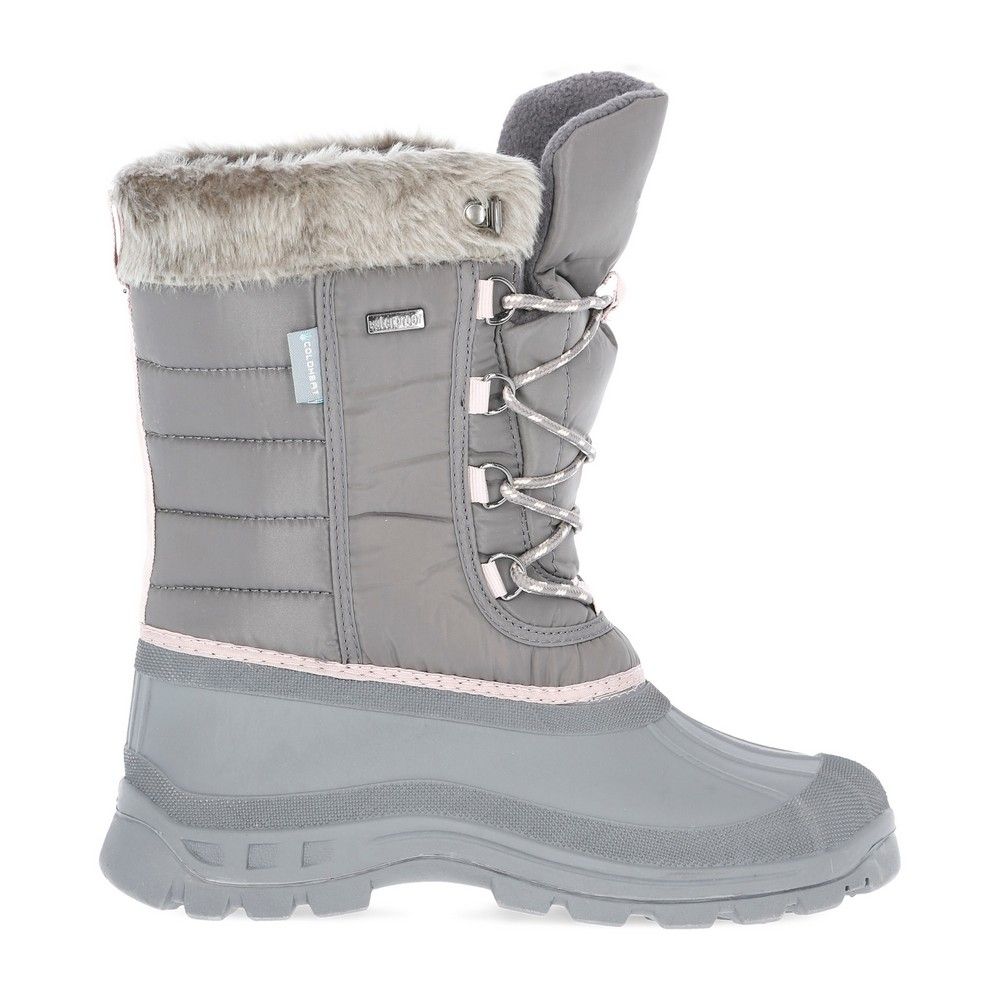 Womens lace up snow boots with water resistant textile upper and waterproof rubber shell outsole. Warm fleece lining. Synthetic fur collar. Upper: Textile/PU/TPR. Lining: Textile. Outsole: EVA/Rubber.